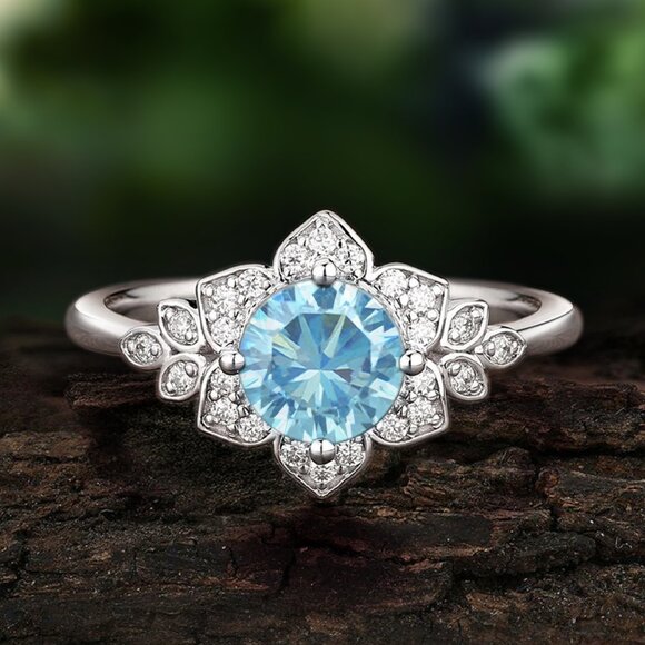 Vintage Style Floral ring - Aquamarine Blue, Art Deco Flower Ring Collection - Picture 1 of 2